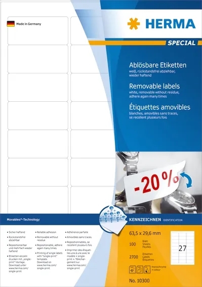 HERMA removable label 63.5 x 29.6 mm, 2700 pieces.