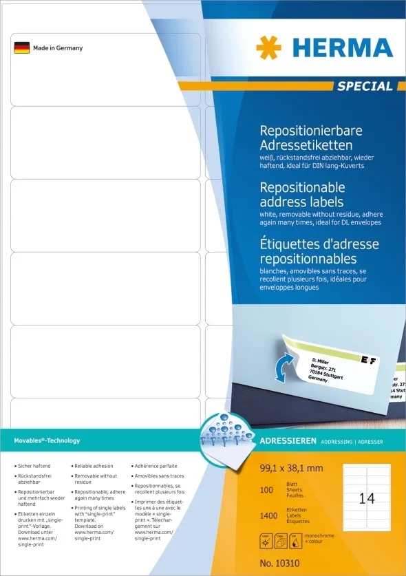 HERMA removable label 99.1 x 38.1 mm, 1400 pieces.