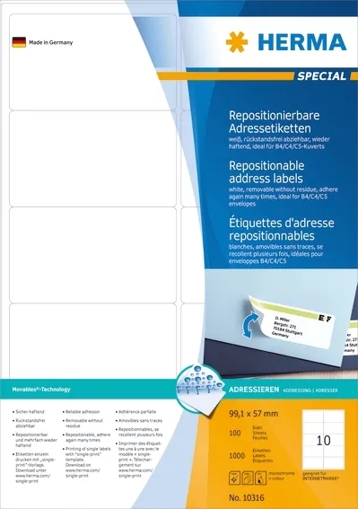 HERMA removable label 99.1 x 57 mm, 1000 pieces.