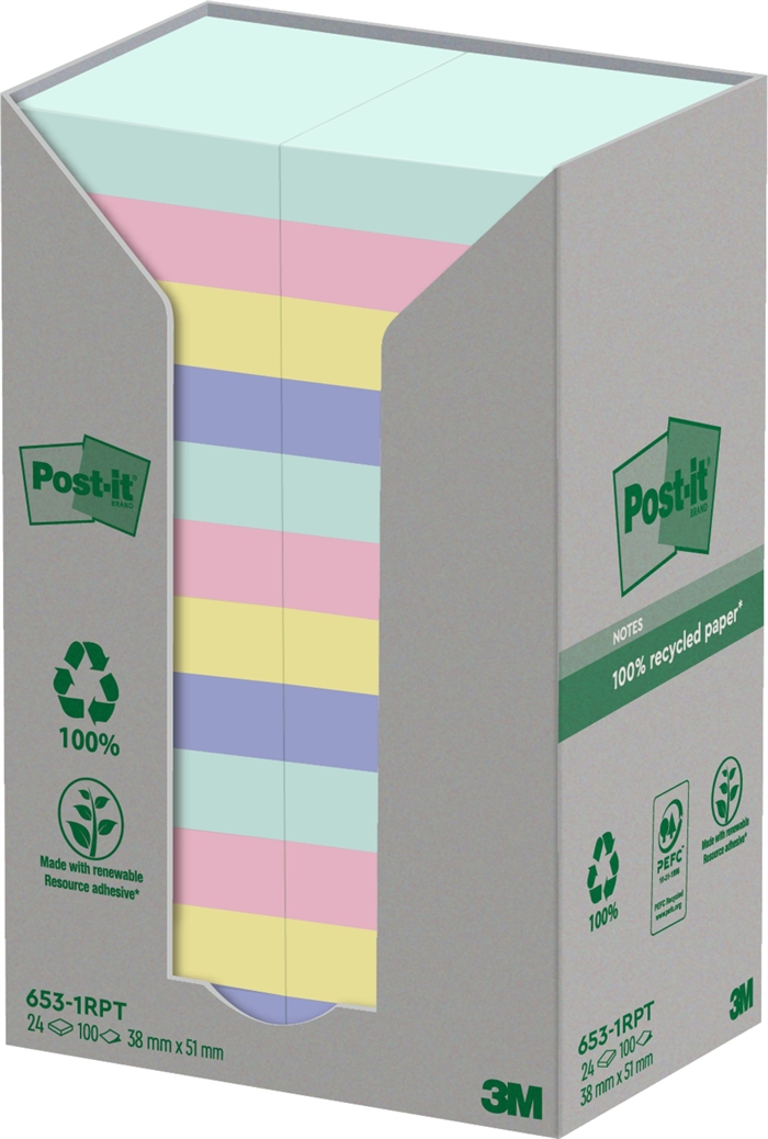 3M Post-it Recycled mix colors 38 x 51 mm, 100 sheets - 24 pack