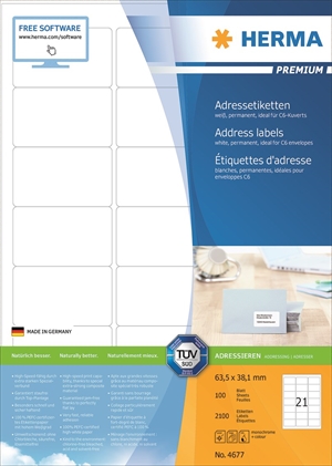 HERMA Premium A4 labels 100 sheets 63.5 x 38.1 mm, 2100 pieces.